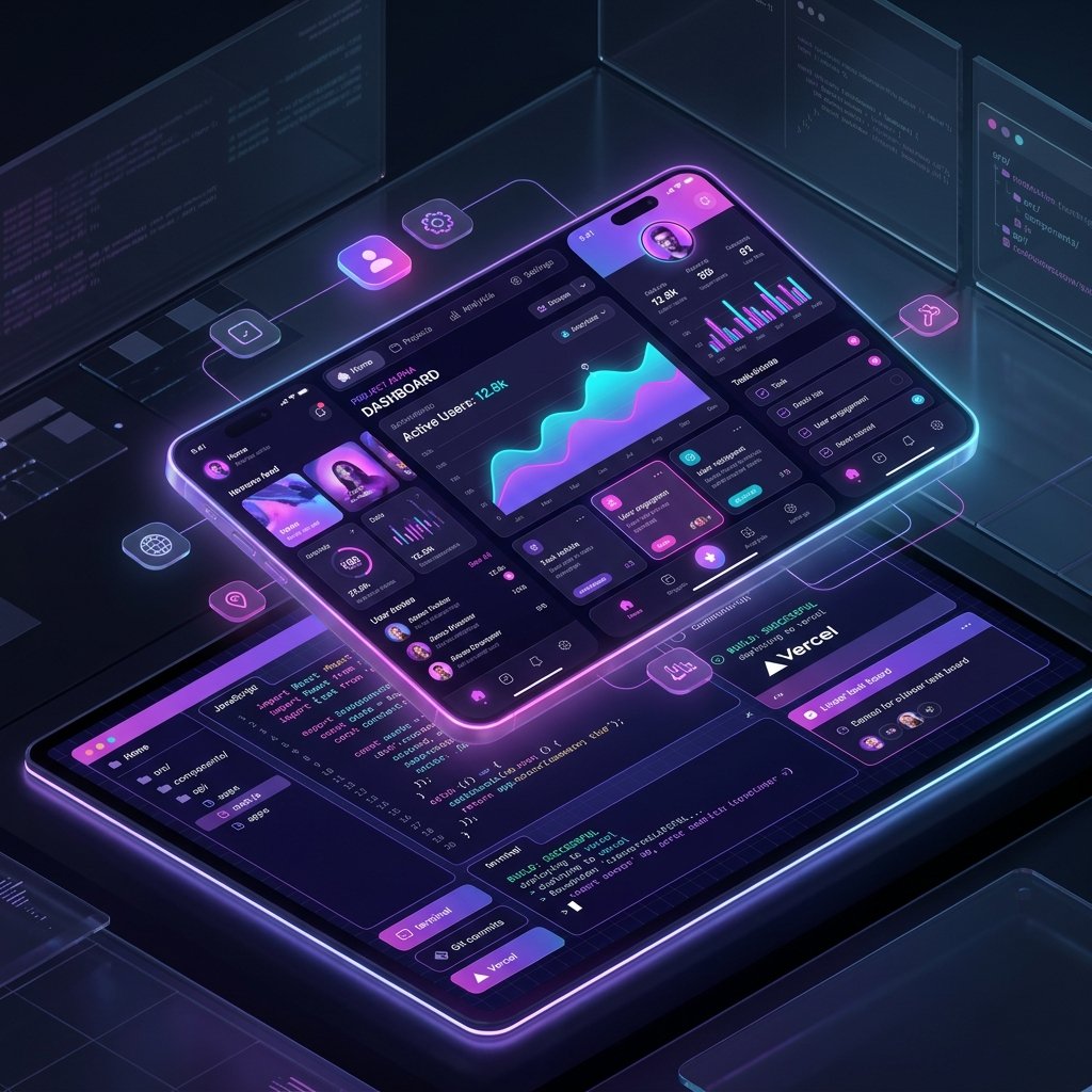 Isometric Mobile App Development visual mockup floating over a database layout